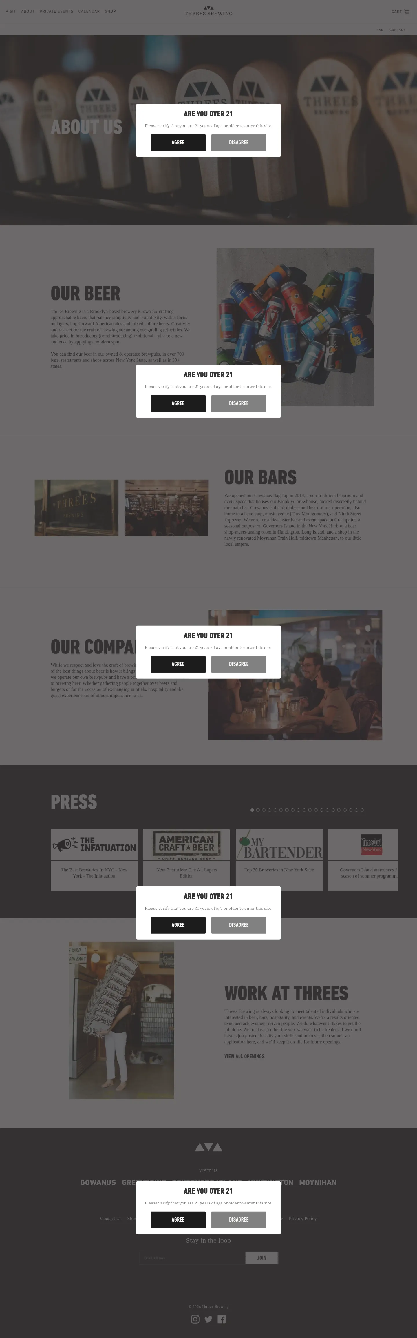 Screenshot of Threes Brewing at desktop width