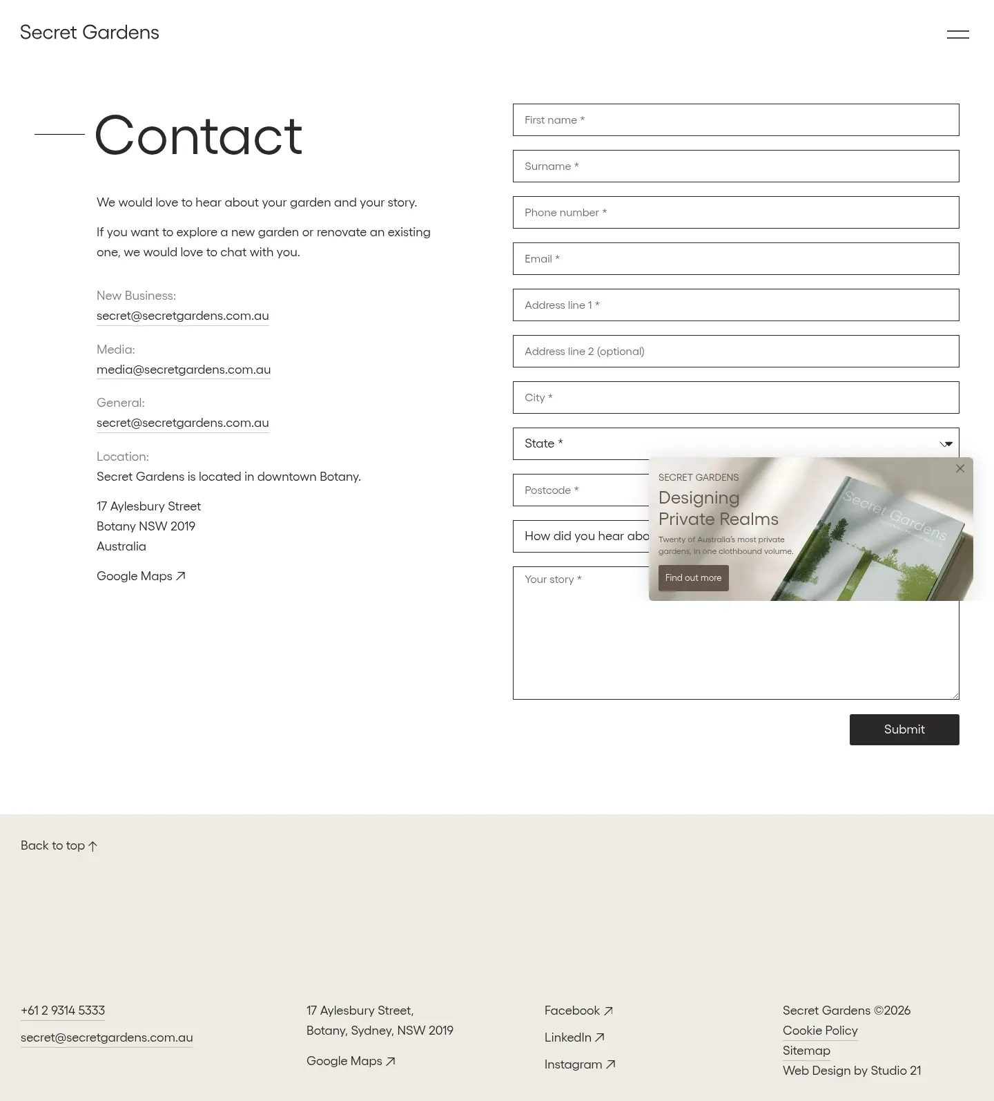 Screenshot of Secret Gardens at desktop width