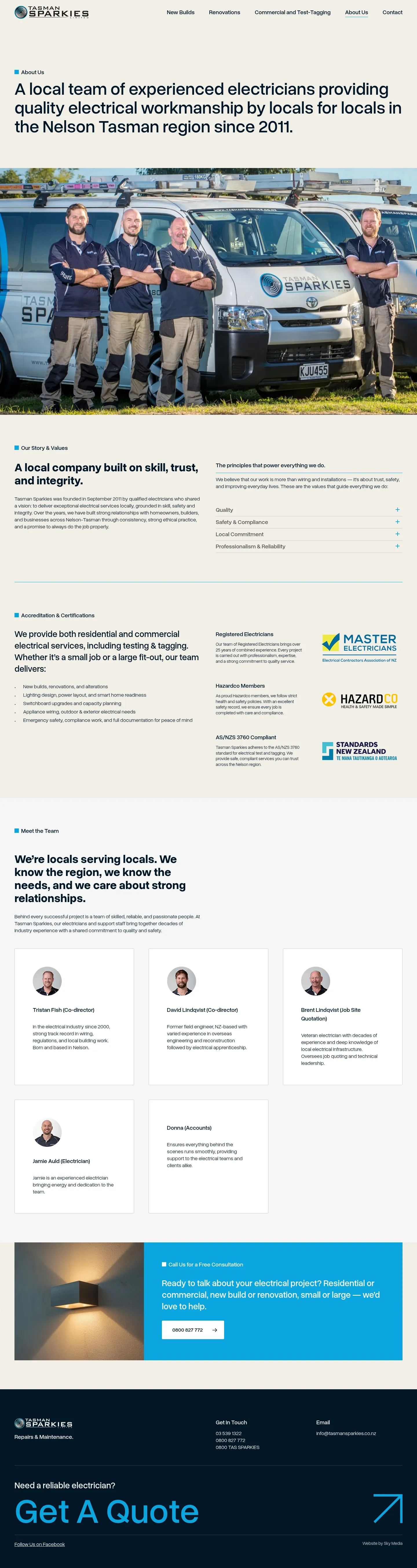 Screenshot of Tasman Sparkies at desktop width
