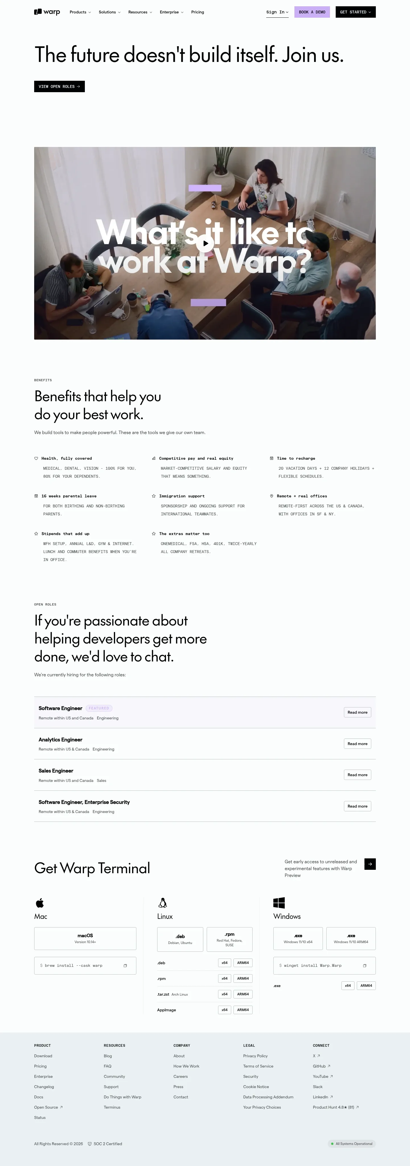 Screenshot of Warp at desktop width