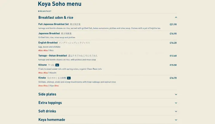 Koya Soho menu on Koya
