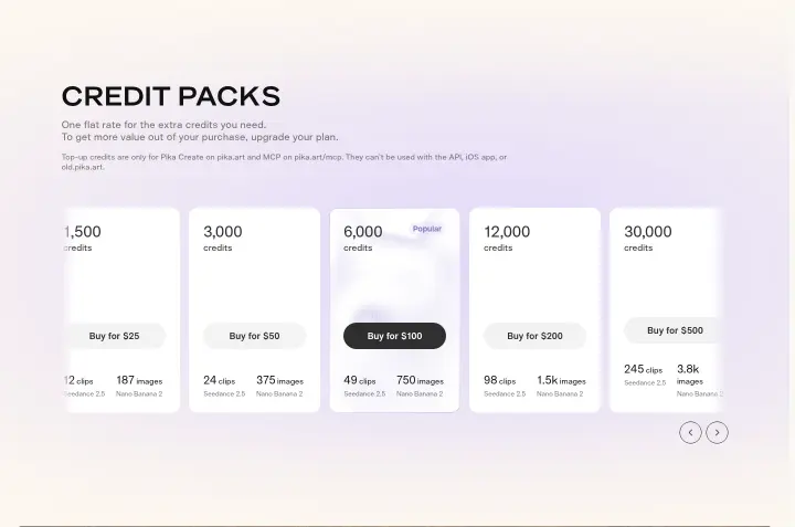 Credit packs on Pika
