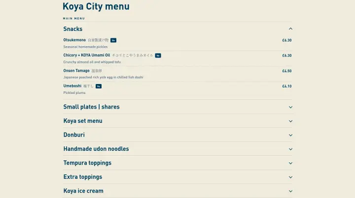 Koya City menu on Koya