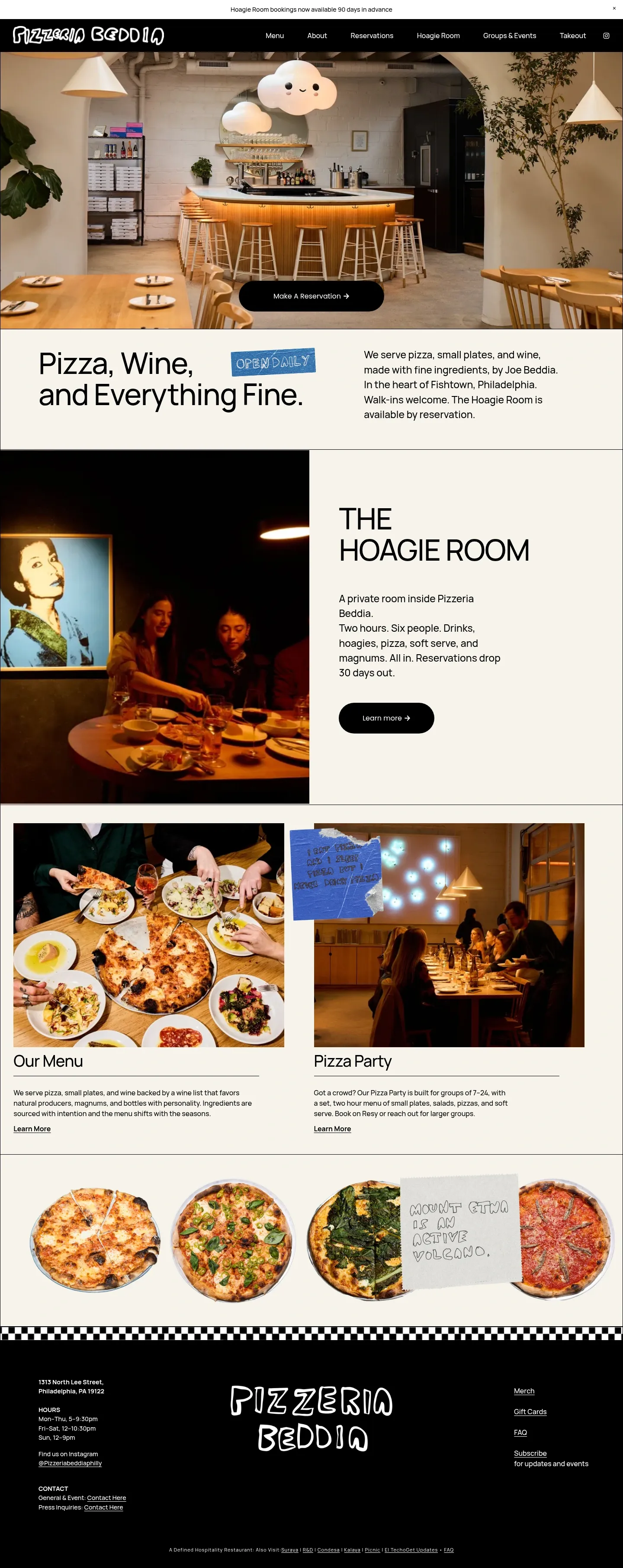 Screenshot of Pizzeria Beddia at desktop width