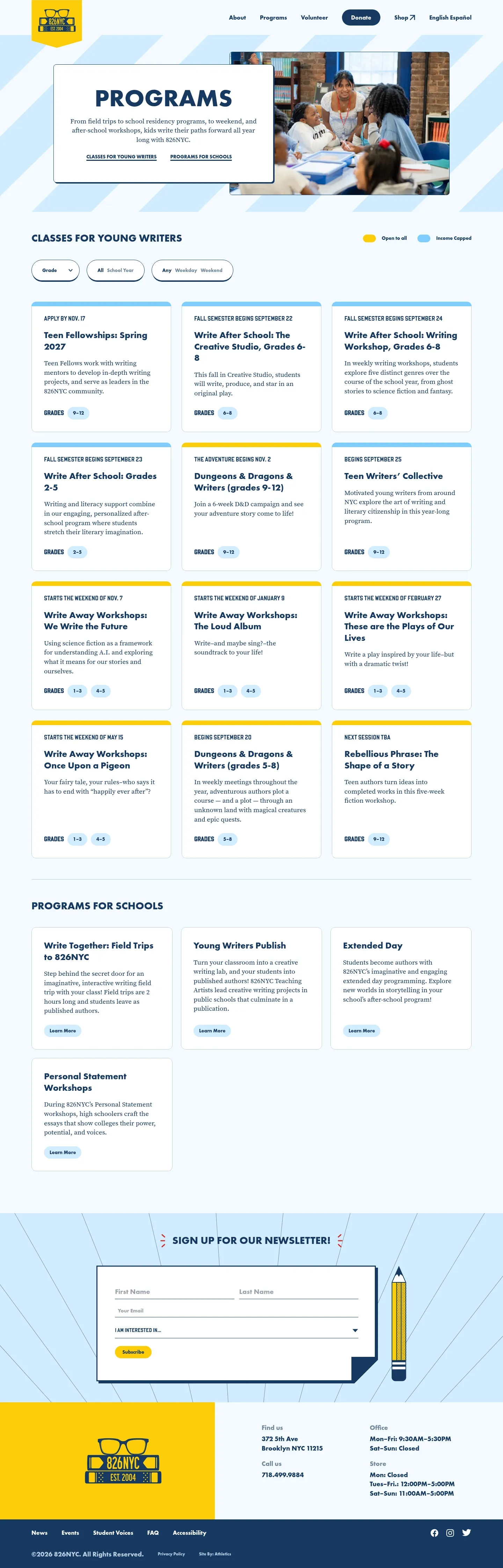 Screenshot of 826NYC at desktop width