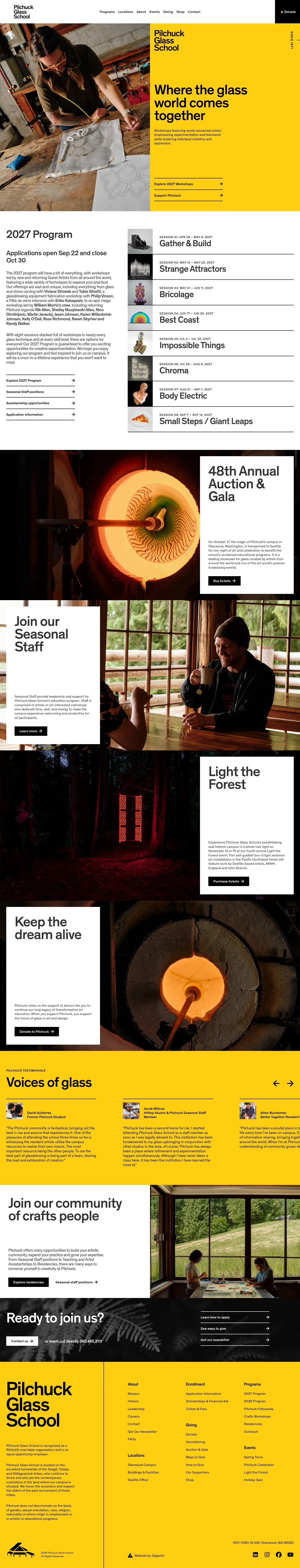 Screenshot of Pilchuck Glass School at desktop width