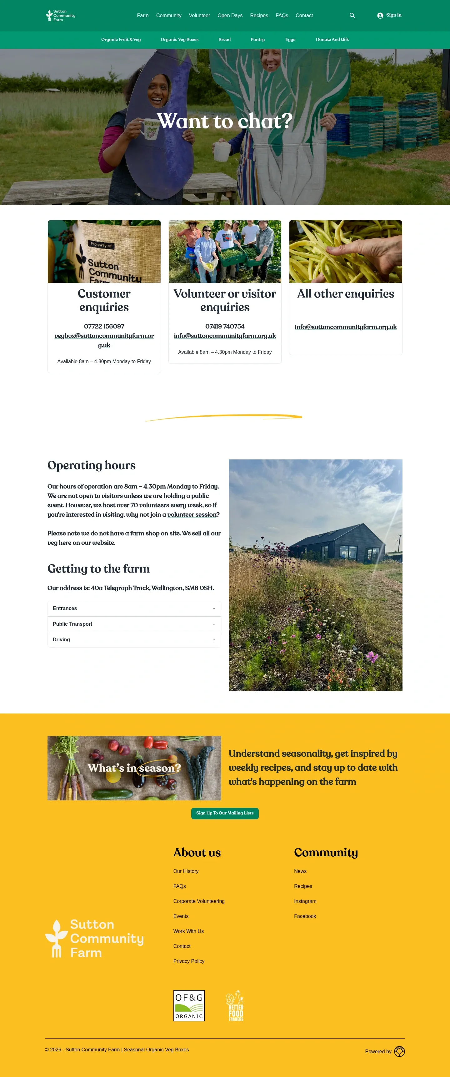 Screenshot of Sutton Community Farm at desktop width