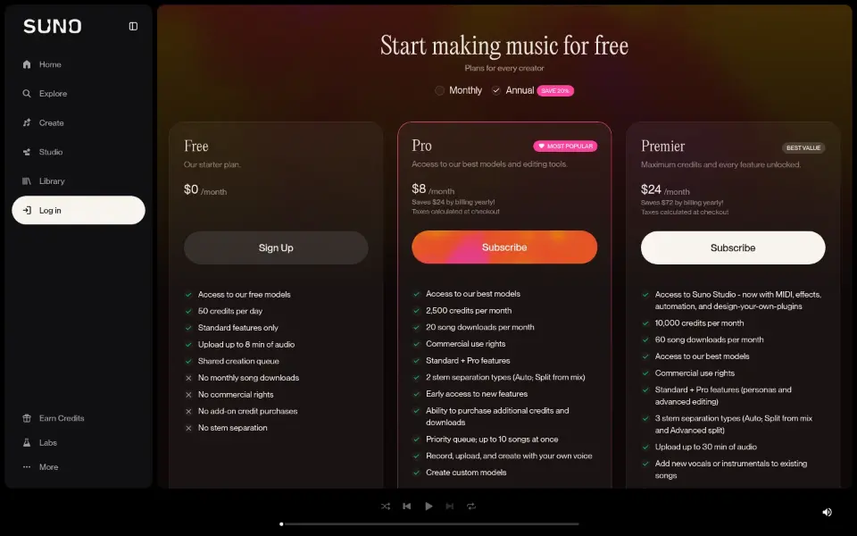 Suno — Pricing