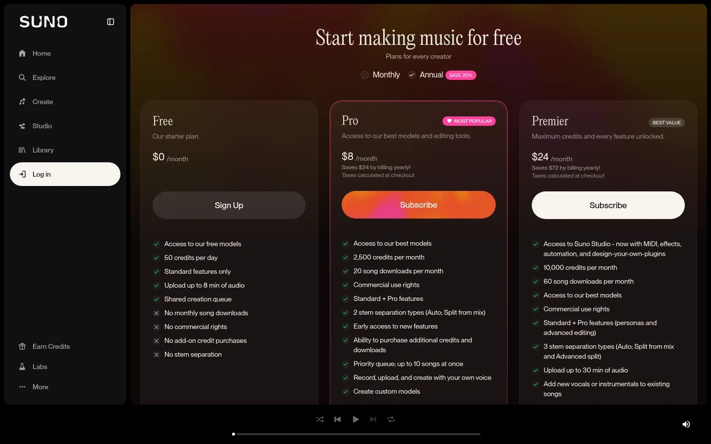 Screenshot of Suno at desktop width