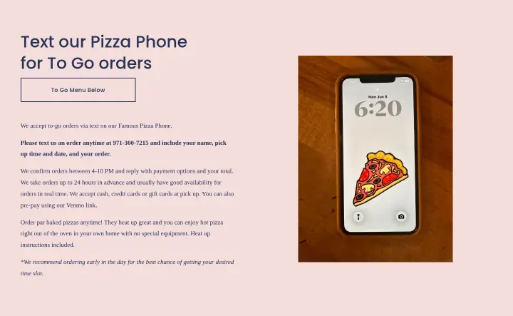 Text our Pizza Phone for To Go orders on Lovely's Fifty Fifty