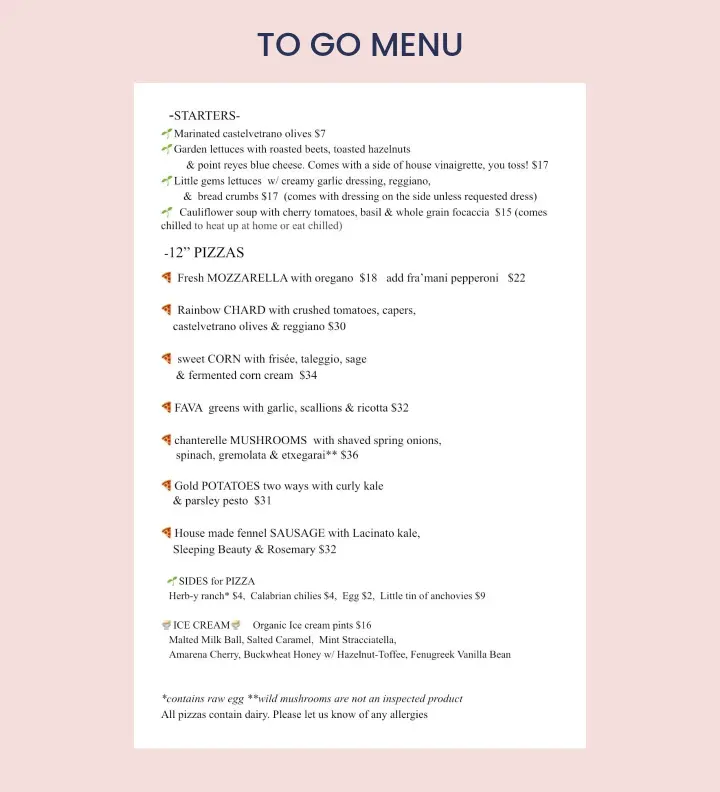 To Go Menu on Lovely's Fifty Fifty