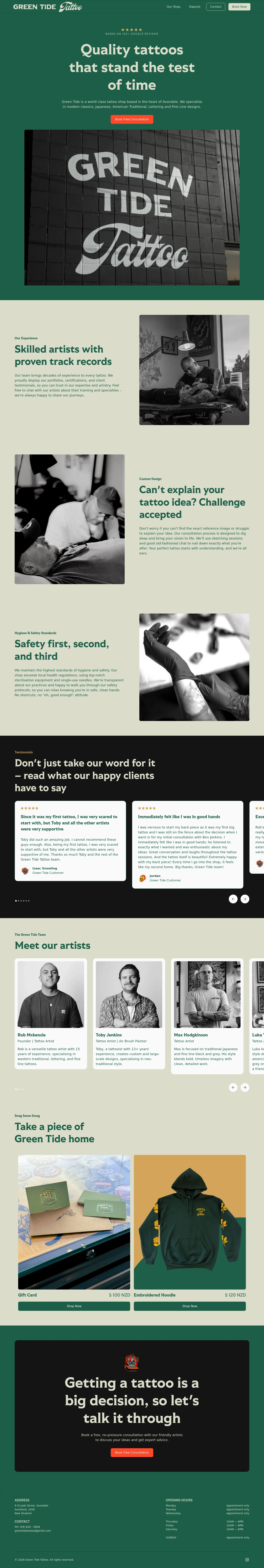 Screenshot of Green Tide Tattoo at desktop width