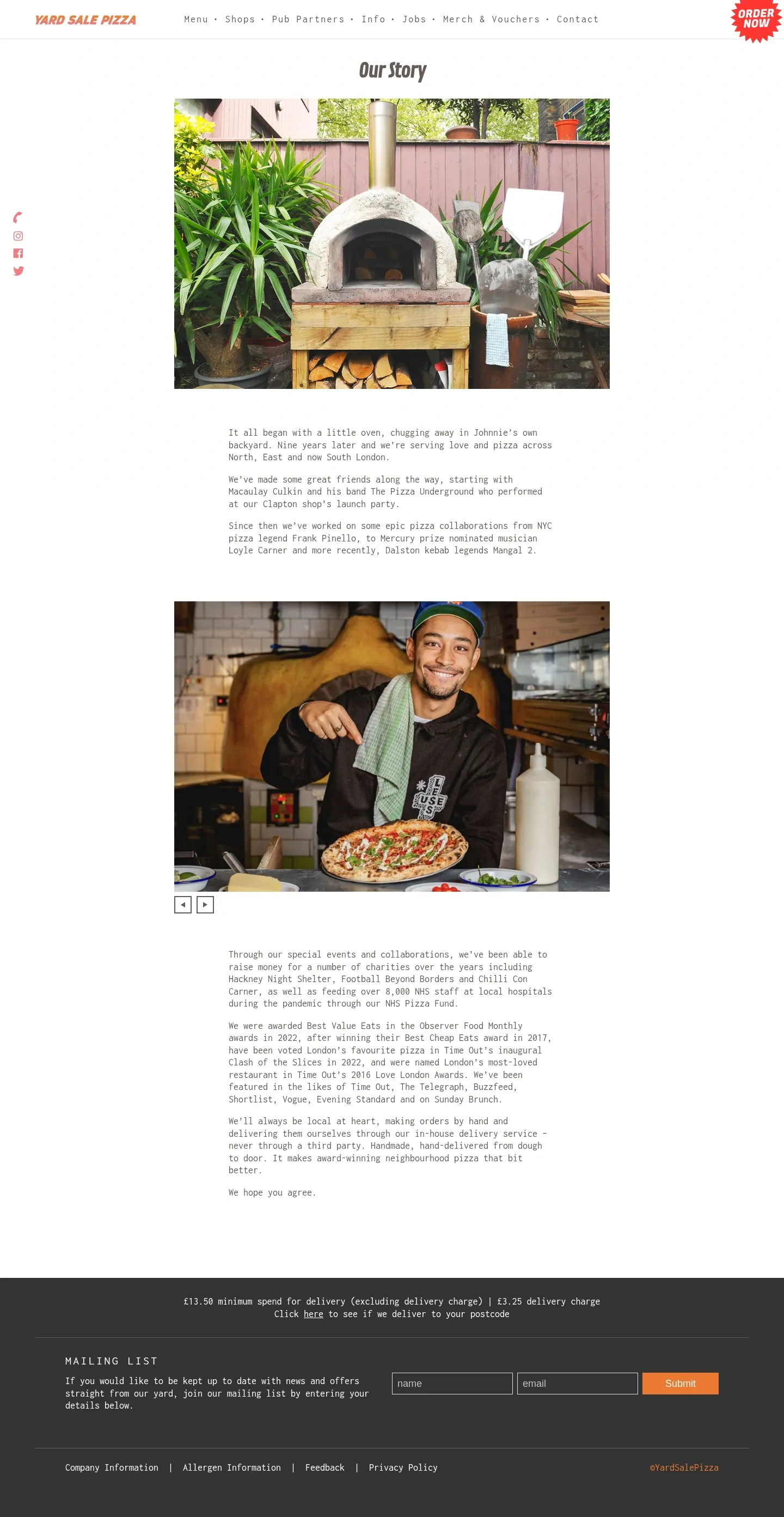 Screenshot of Yard Sale Pizza at desktop width