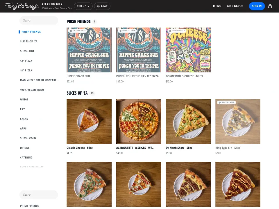 Tony Boloney's — Ordering