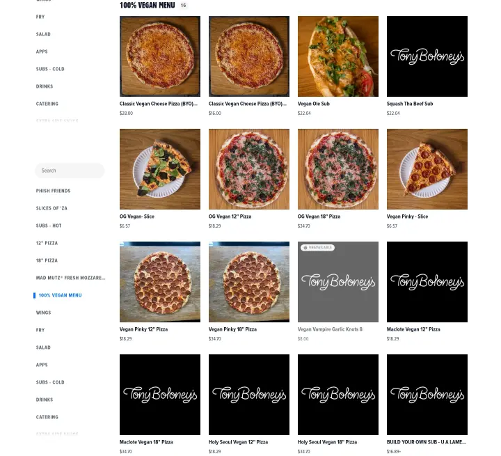 100% VEGAN Menu16 on Tony Boloney's