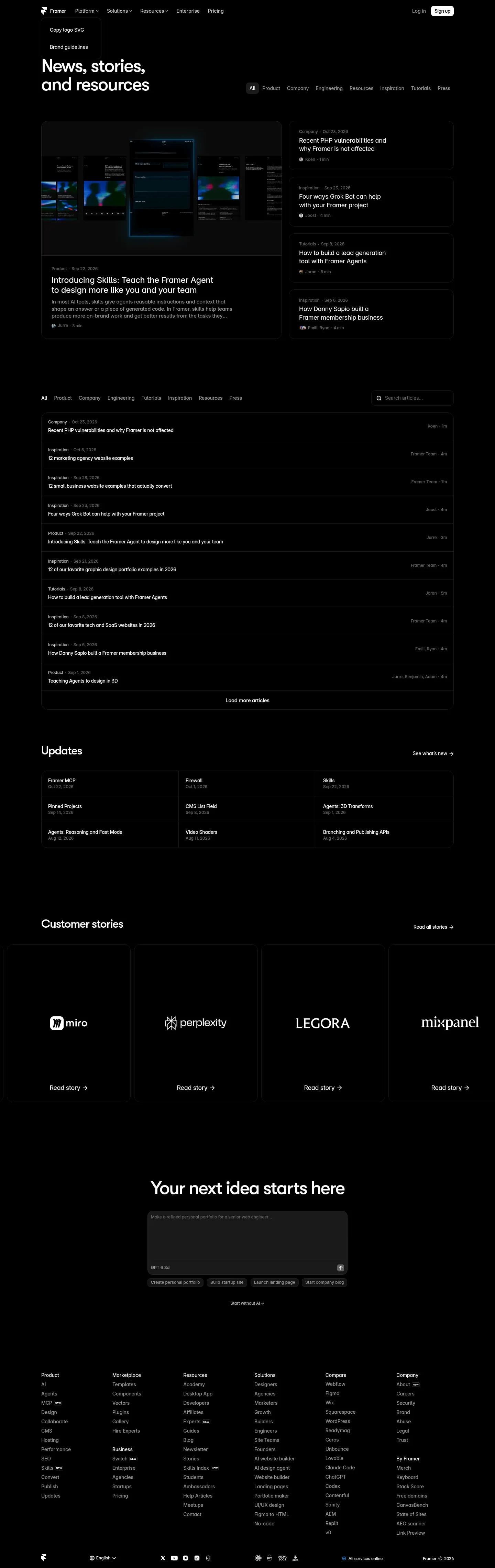 Screenshot of Framer at desktop width