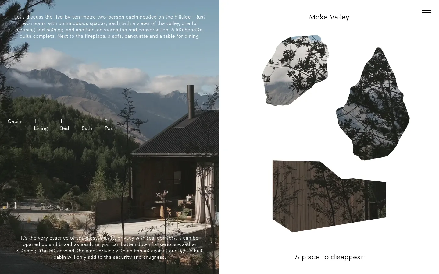 Screenshot of Moke Valley Cabin at desktop width