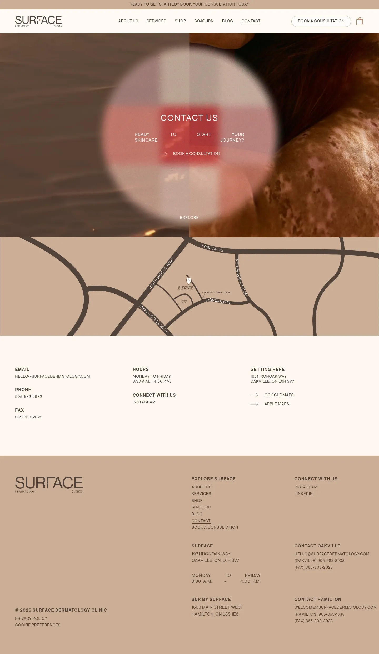 Screenshot of Surface Dermatology Clinic at desktop width