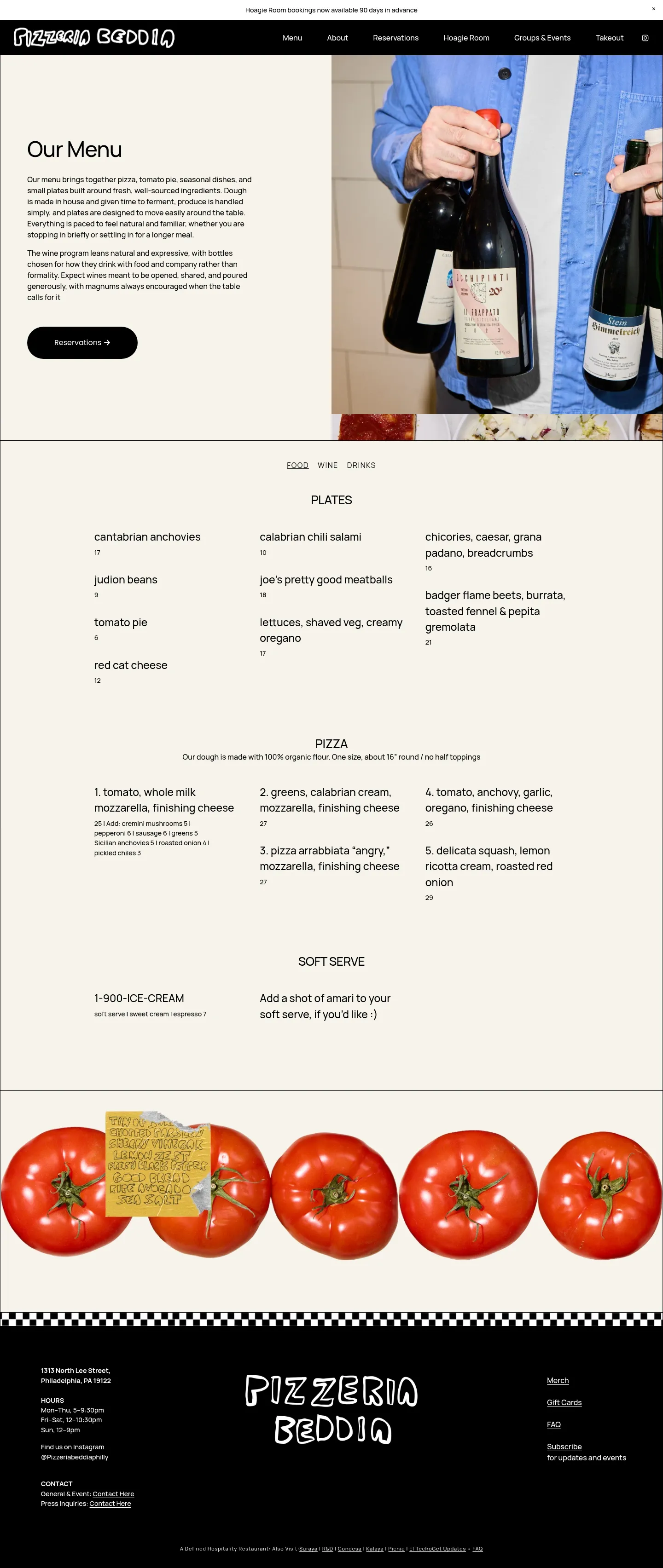 Screenshot of Pizzeria Beddia at desktop width