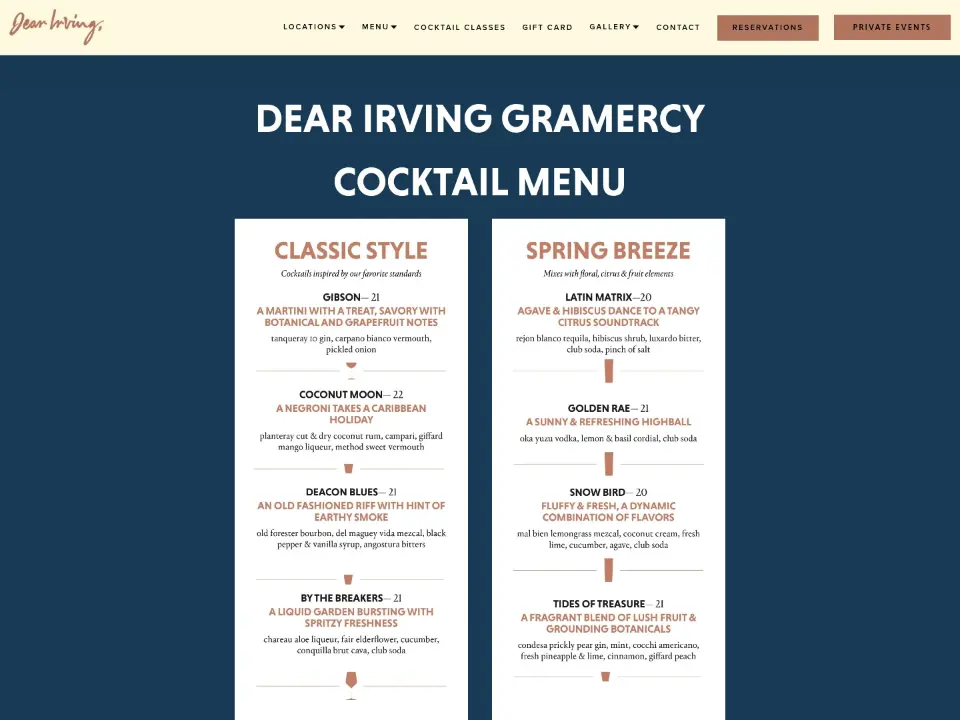 Dear Irving — Menu