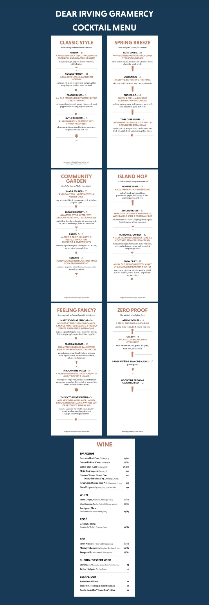 Dear Irving Gramercy Cocktail Menu on Dear Irving