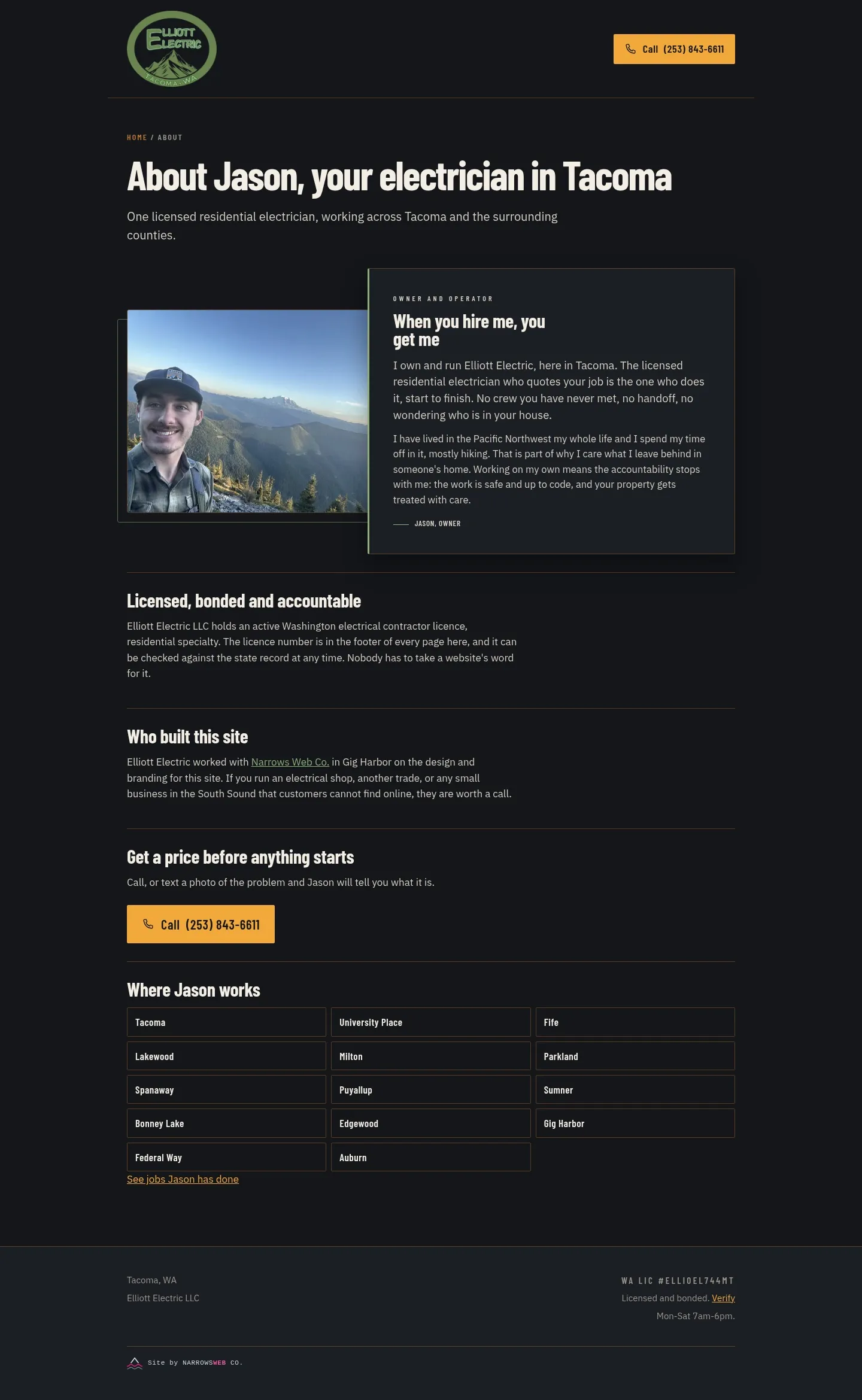 Screenshot of Elliott Electric at desktop width