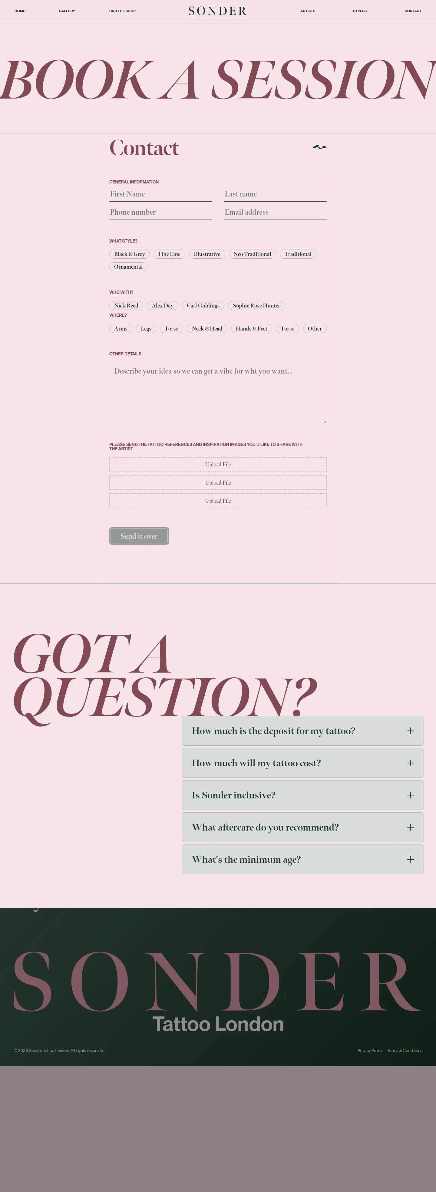 Screenshot of Sonder Tattoo at desktop width