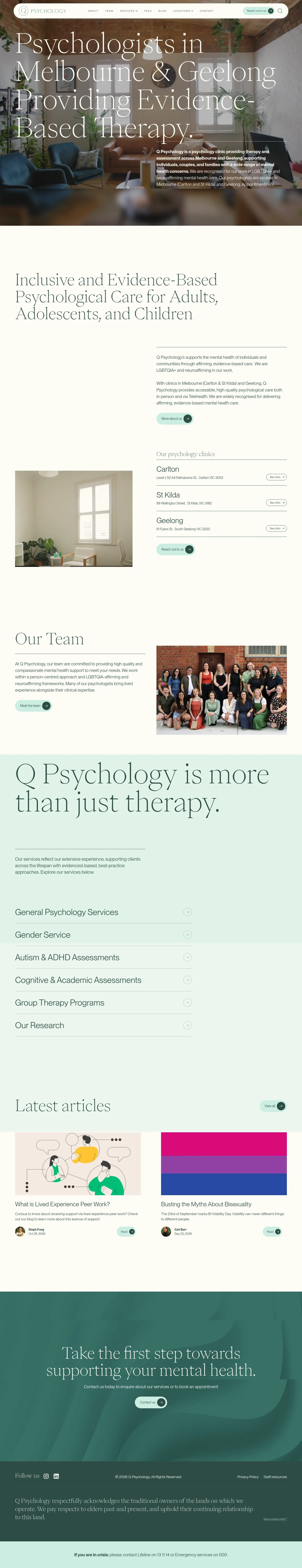Screenshot of Q Psychology at desktop width