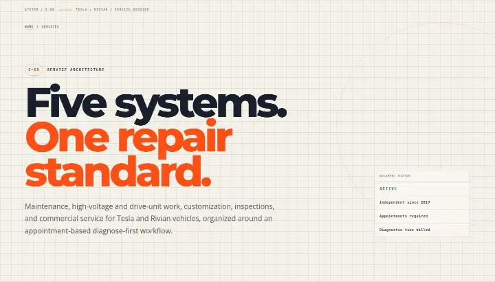 Five systems. One repair standard on The Electrified Garage