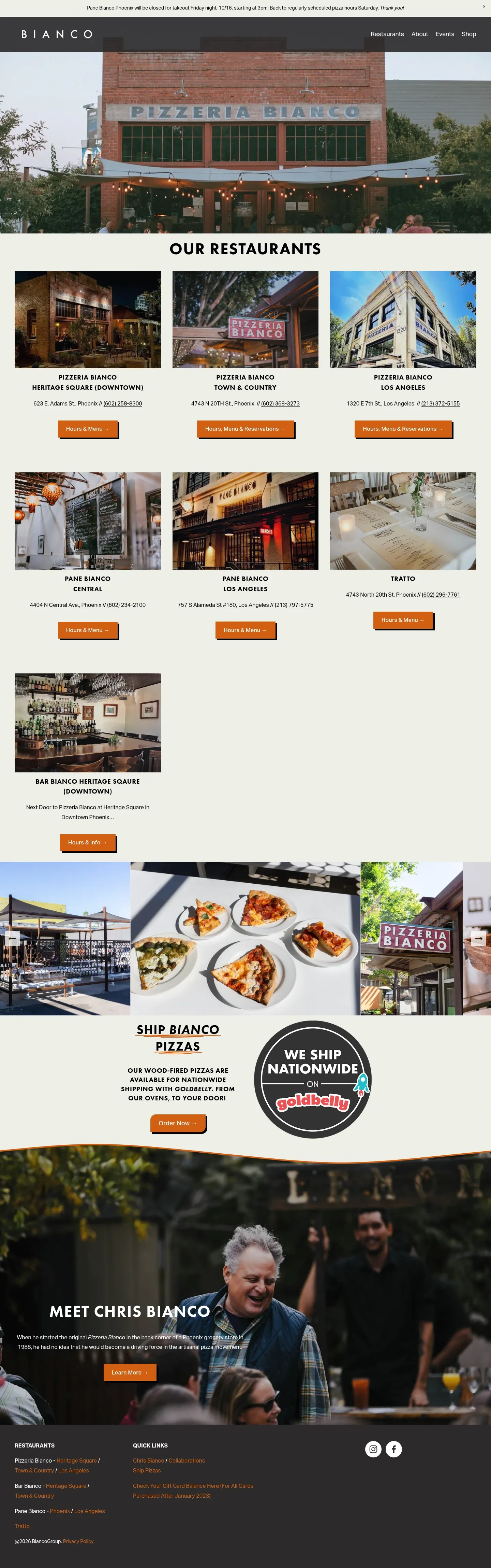 Screenshot of Pizzeria Bianco at desktop width