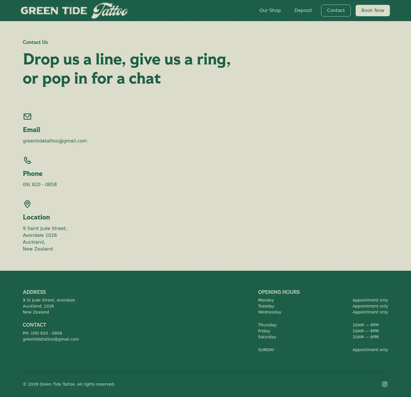Screenshot of Green Tide Tattoo at desktop width