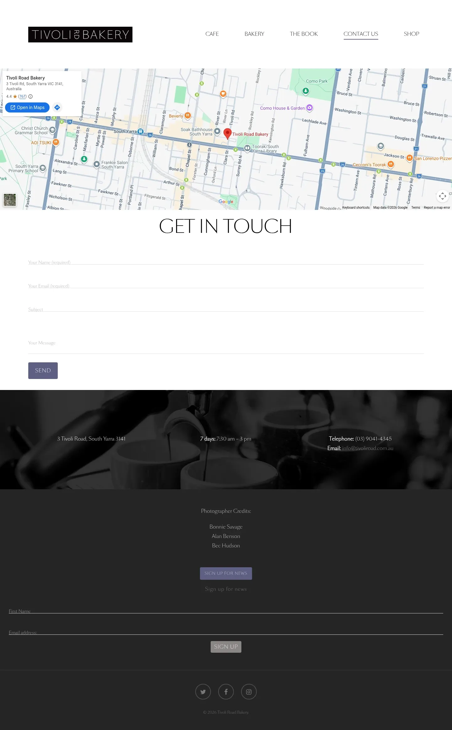 Screenshot of Tivoli Road Bakery at desktop width