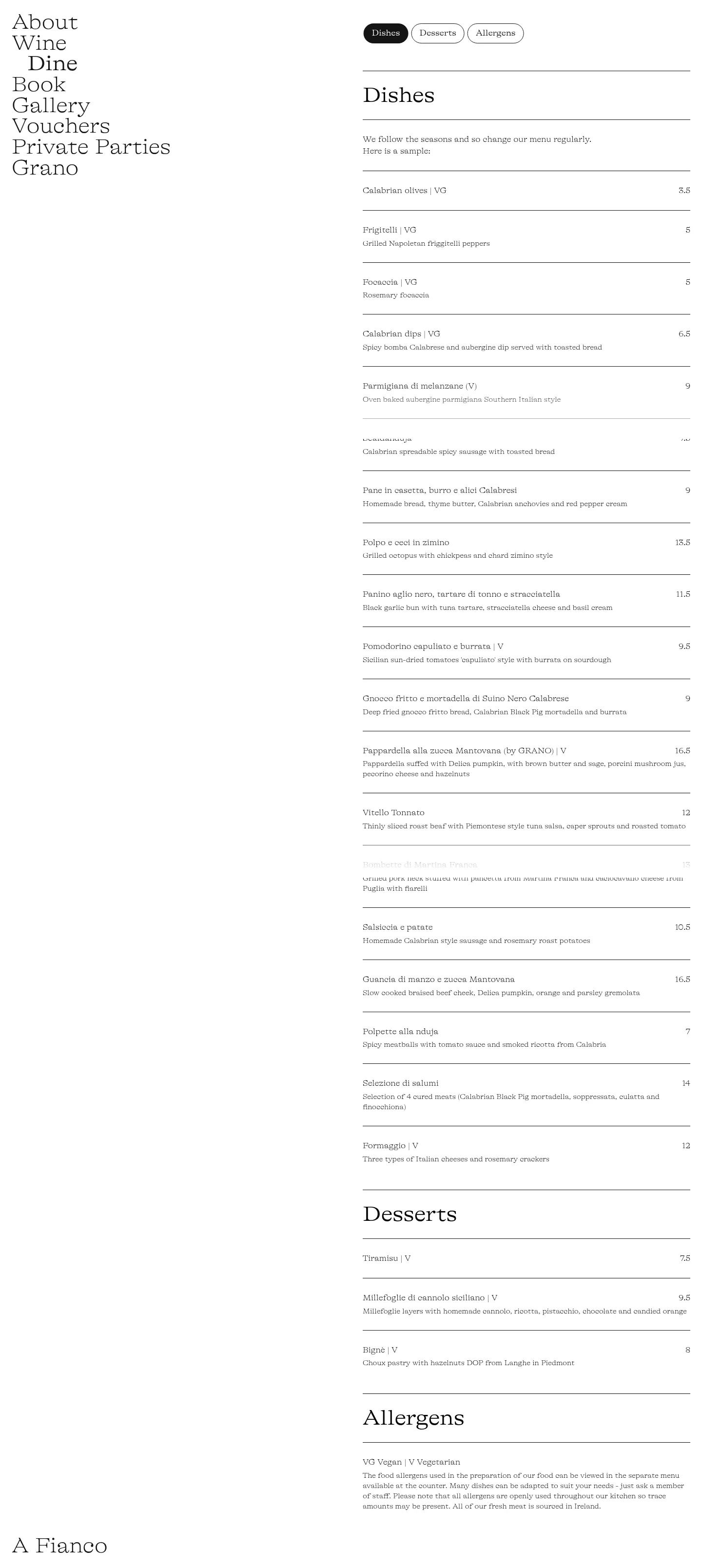 Screenshot of A Fianco at desktop width