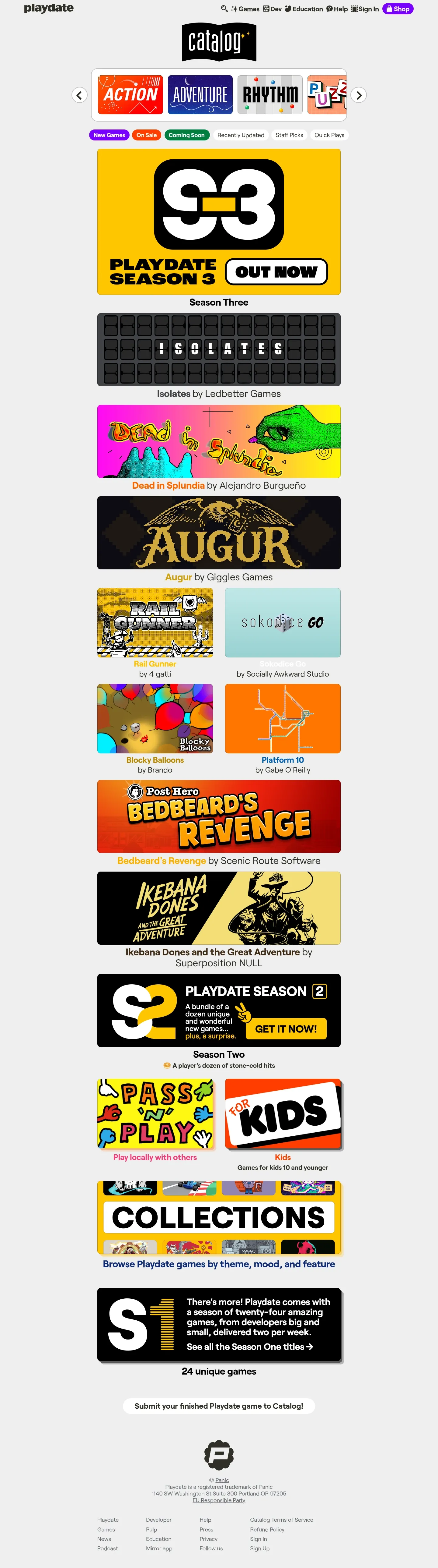 Screenshot of Playdate at desktop width