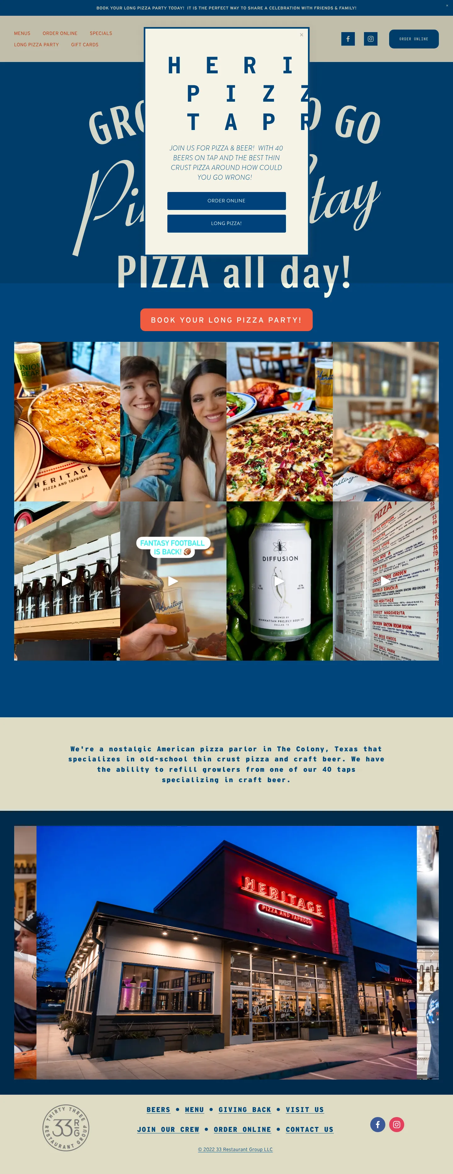 Screenshot of Heritage Pizza & Taproom at desktop width