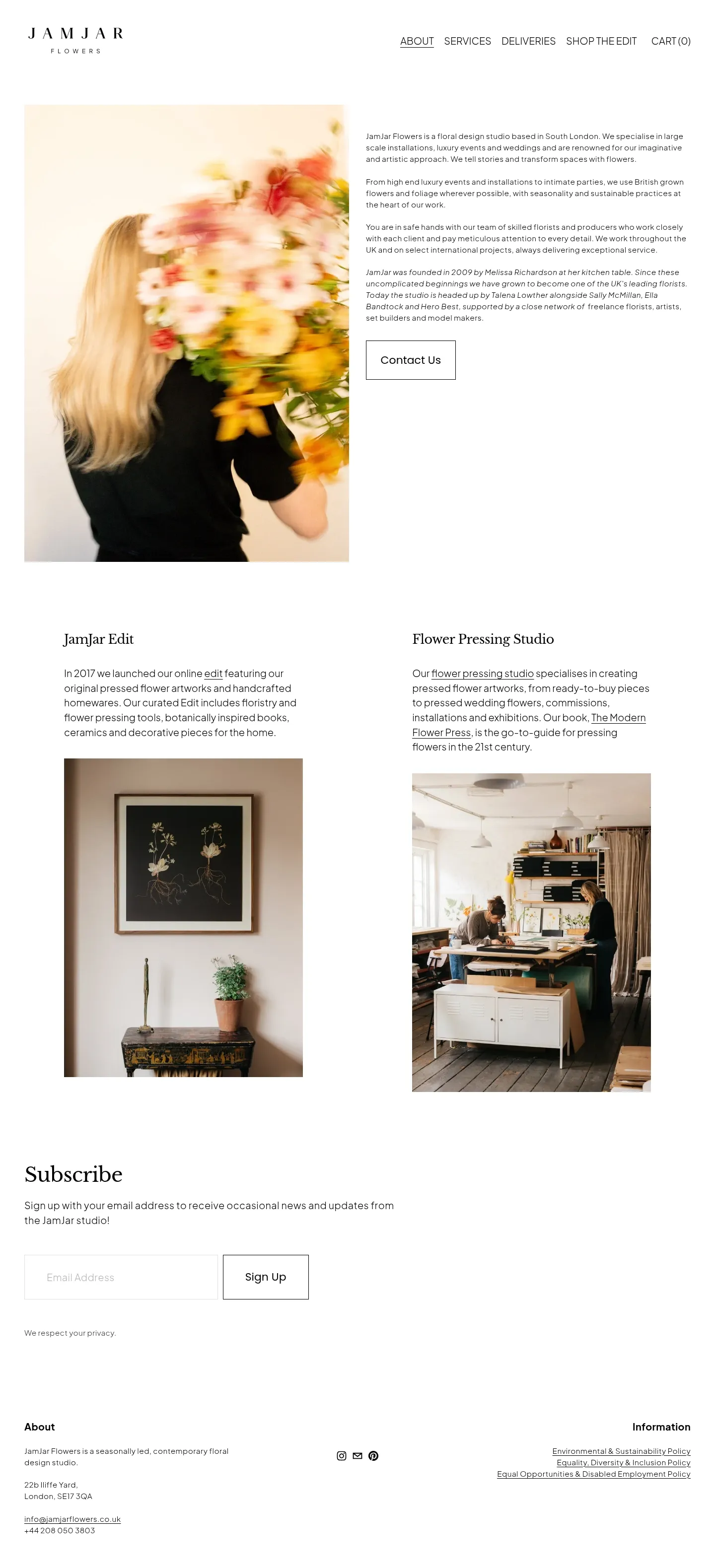 Screenshot of Jam Jar Flowers at desktop width