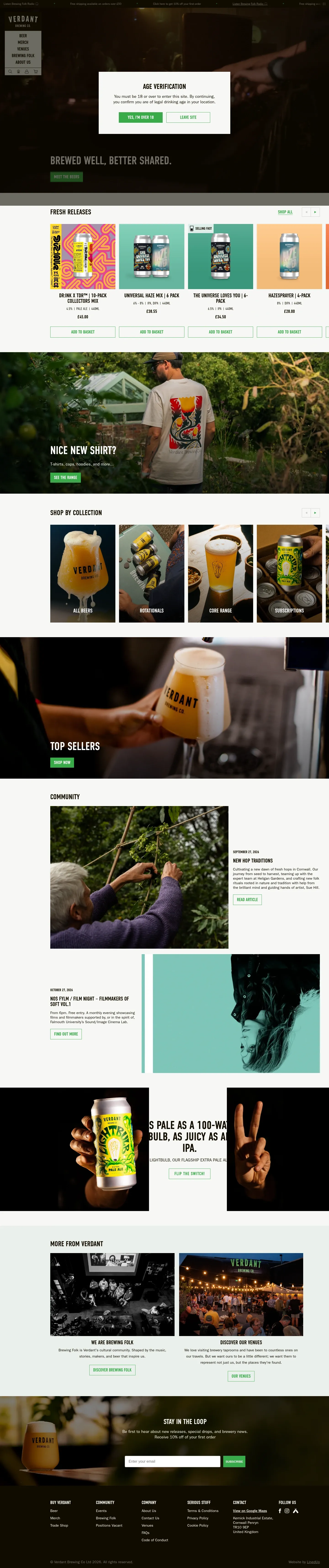 Screenshot of Verdant Brewing Co at desktop width