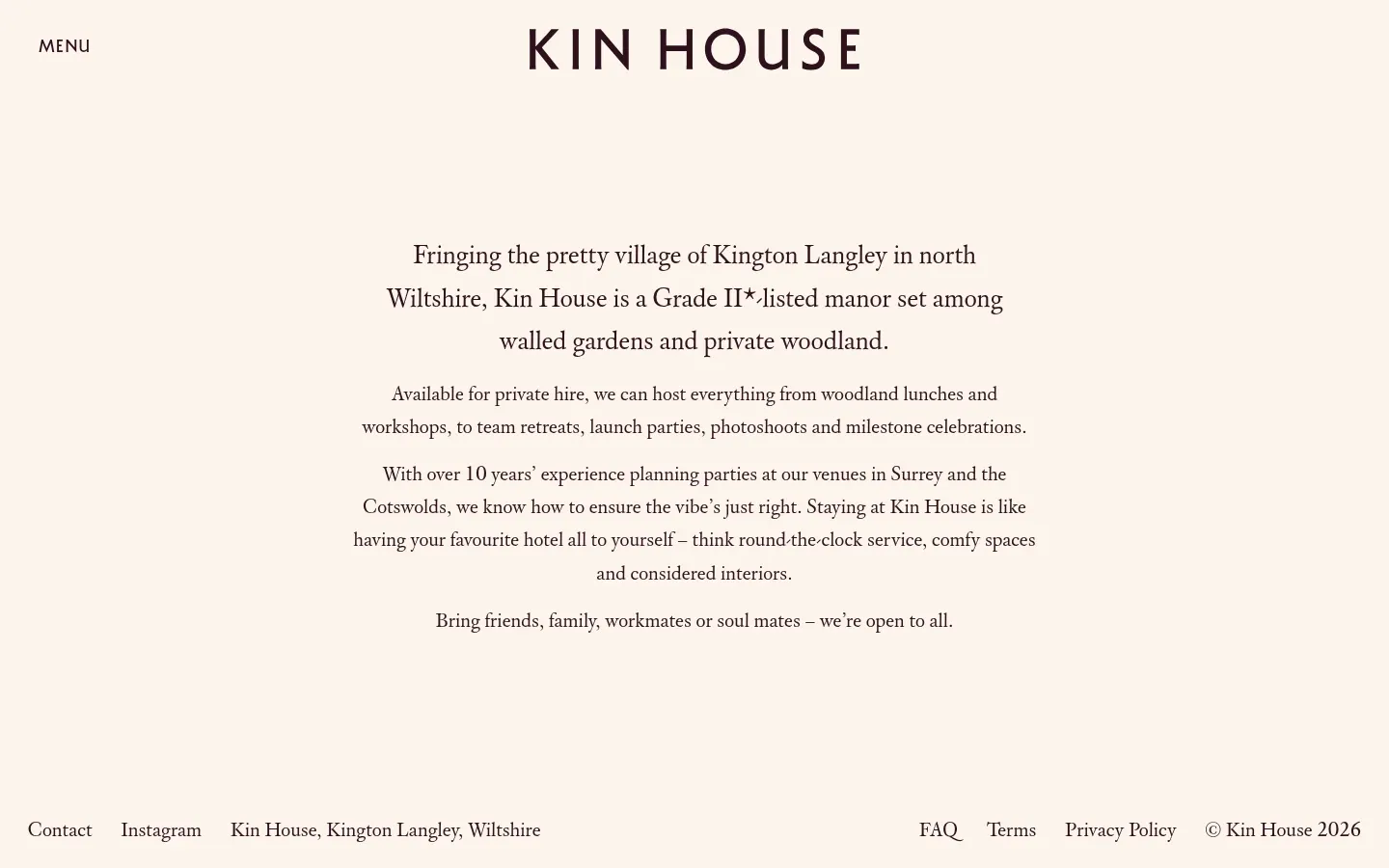 Screenshot of Kin House at desktop width