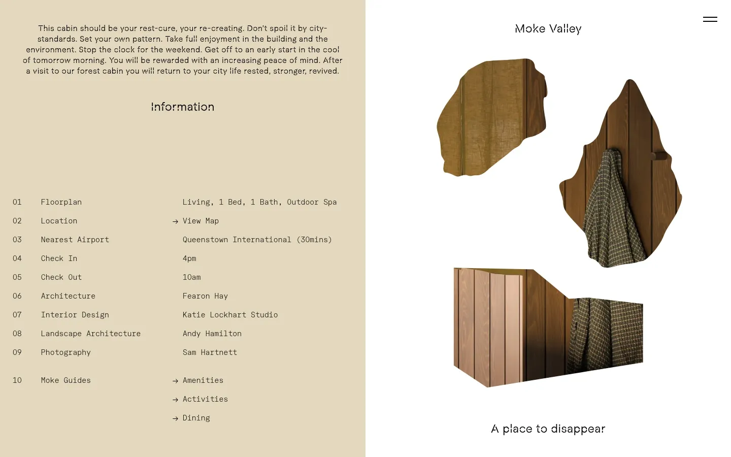 Screenshot of Moke Valley Cabin at desktop width