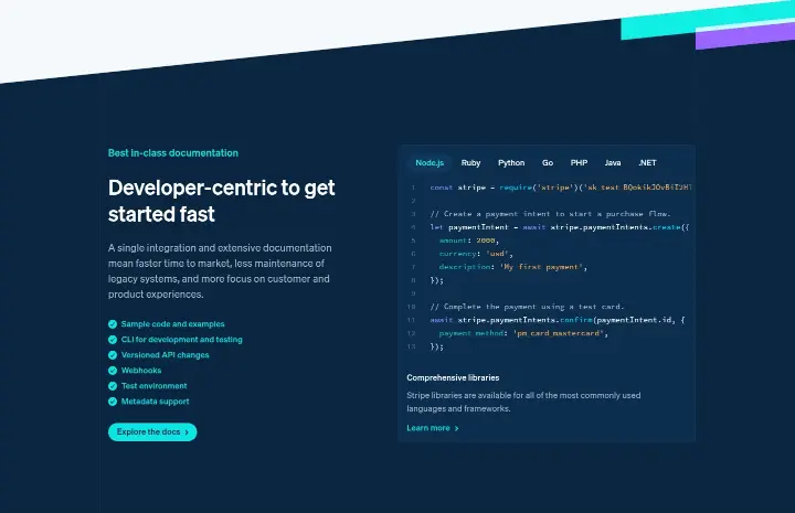Developer-centric to get started fast on Stripe