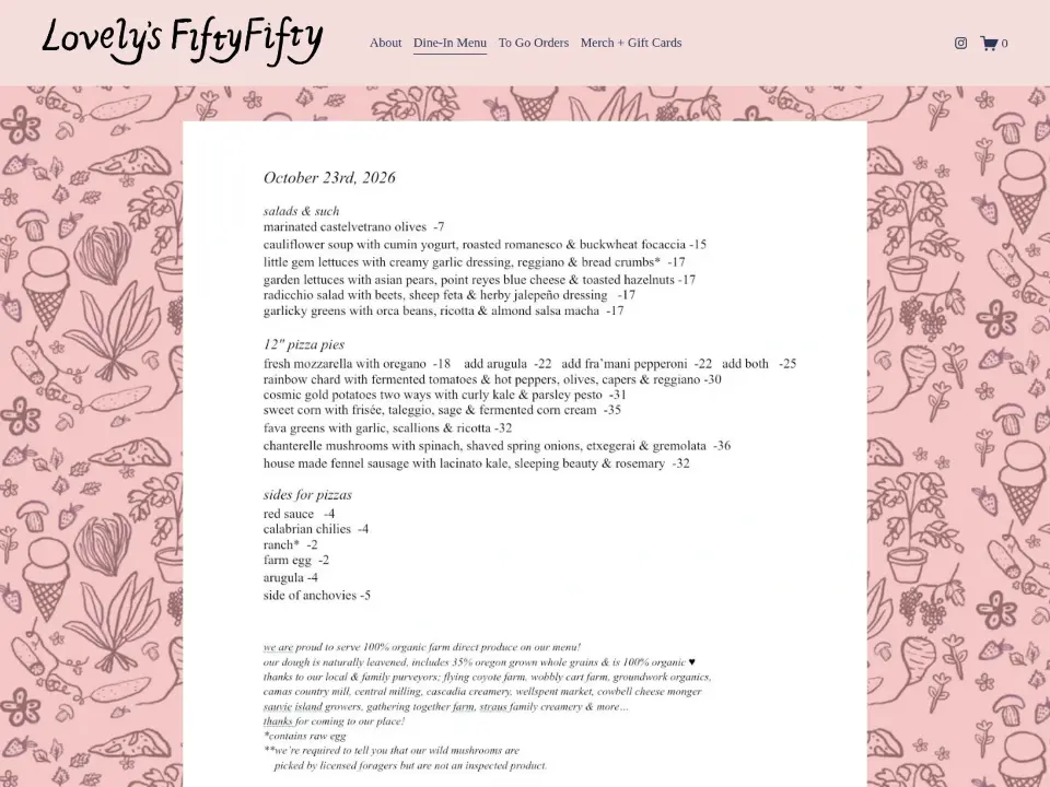 Lovely's Fifty Fifty — Menu