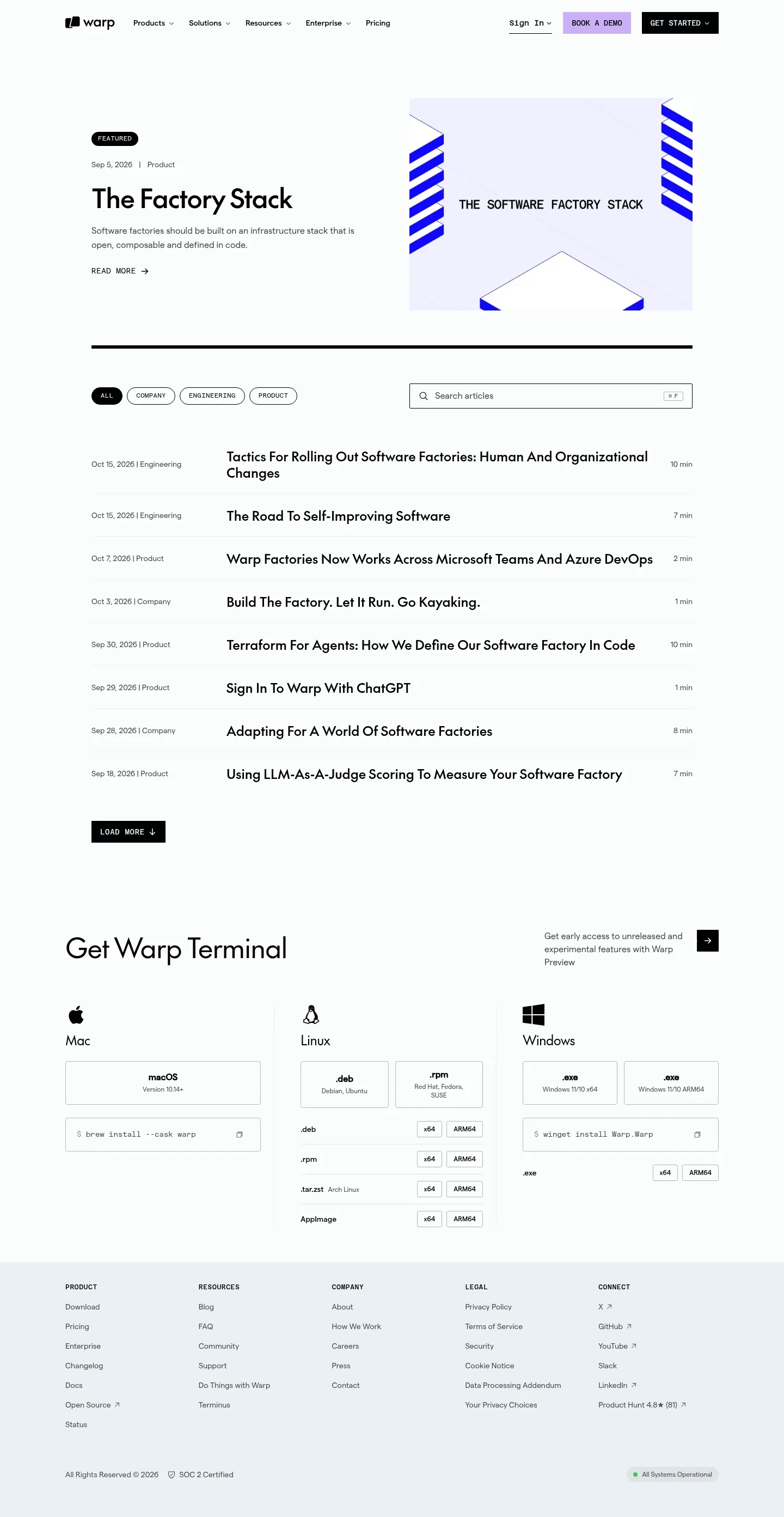 Screenshot of Warp at desktop width