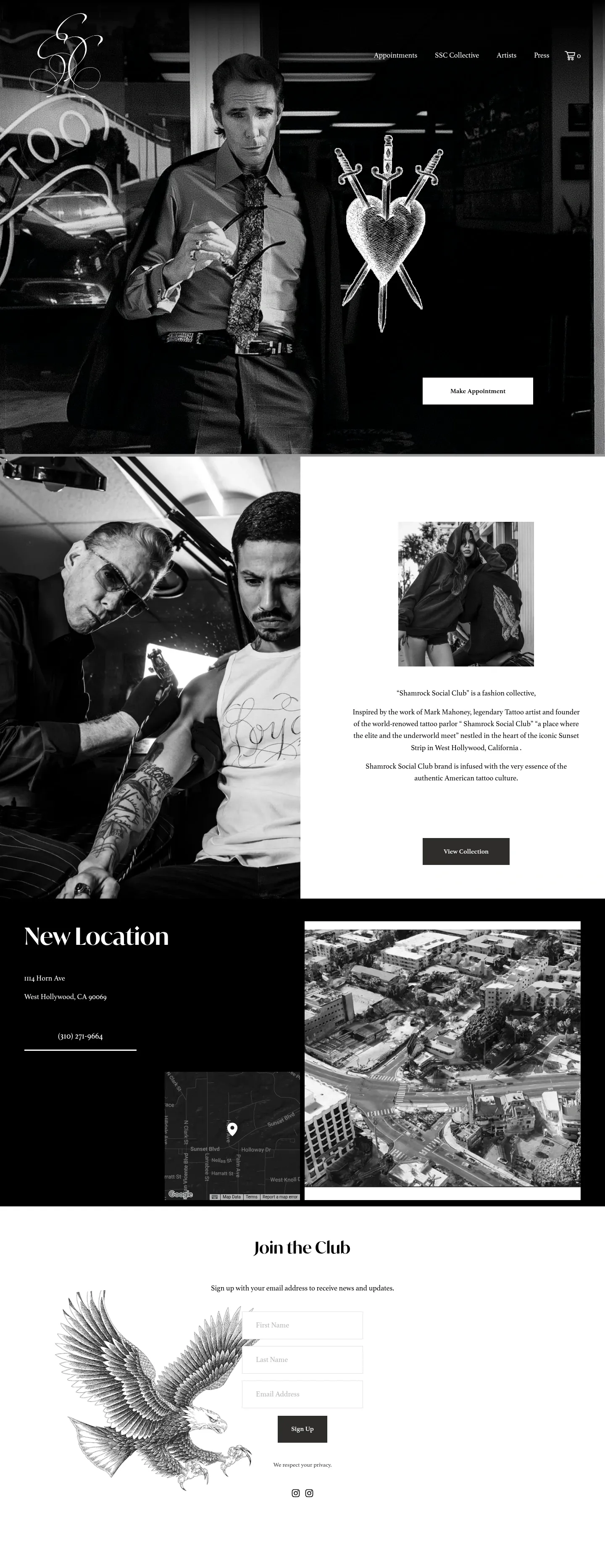 Screenshot of Shamrock Social Club at desktop width