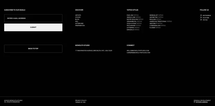 Footer on Monolith Studio