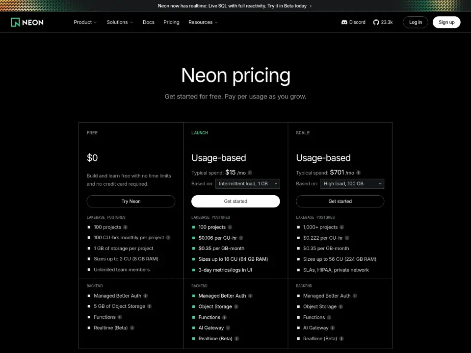 Neon — Pricing