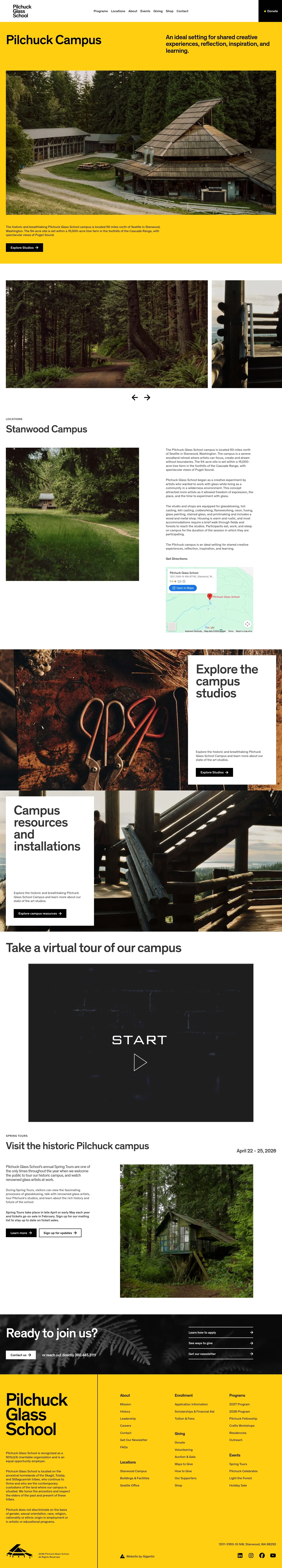 Screenshot of Pilchuck Glass School at desktop width