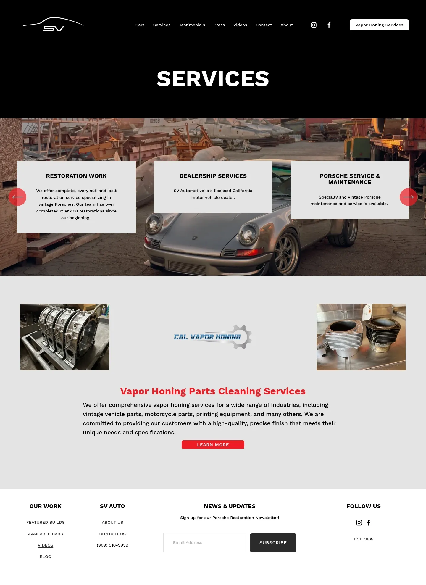 Screenshot of SV Automotive at desktop width