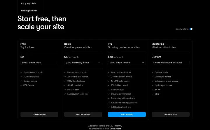 Start free, then scale your site on Framer