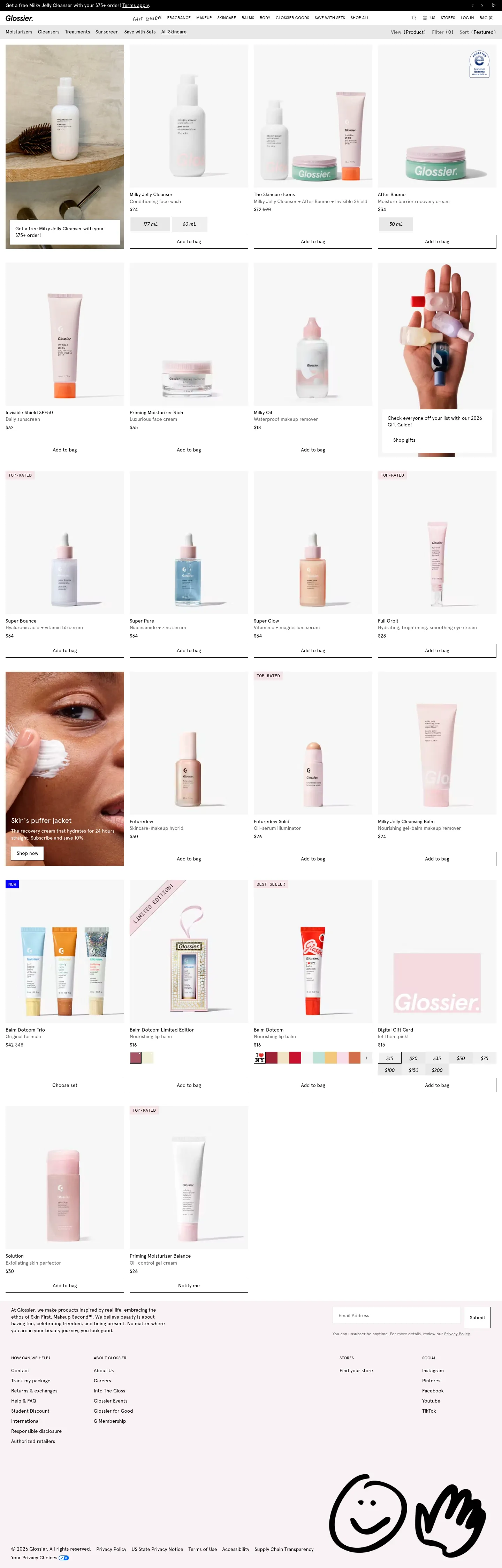 Screenshot of Glossier at desktop width