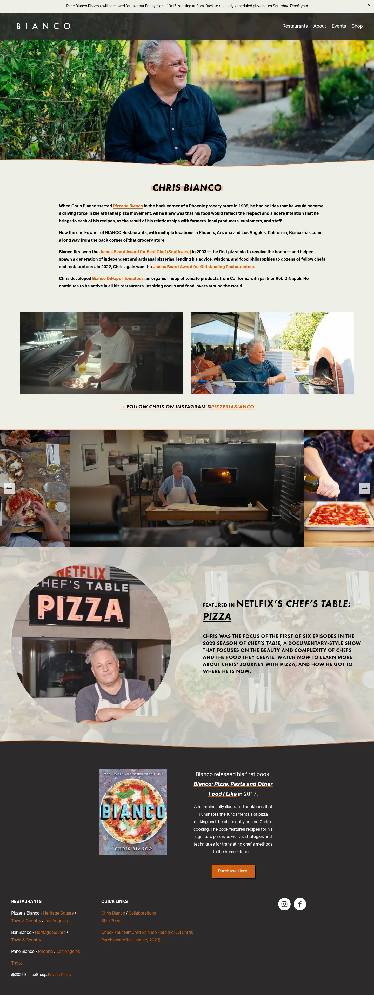 Screenshot of Pizzeria Bianco at desktop width